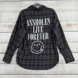 A$$holes Live Forever Embroidered Long Sleeve Flannel Shirt Mens L Blue Brown